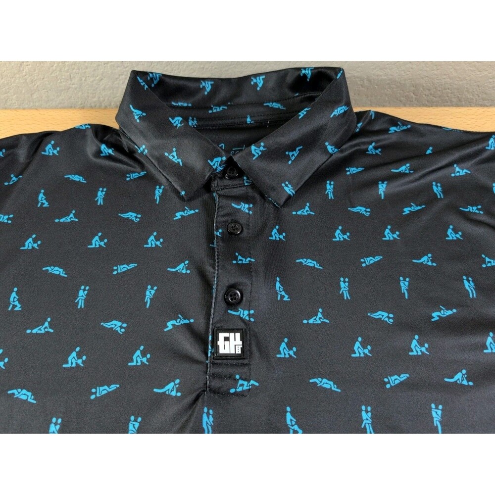 Greater Half GH Polo Shirt Mens Large Black AOP Golf Stretch Sex Ed Positions